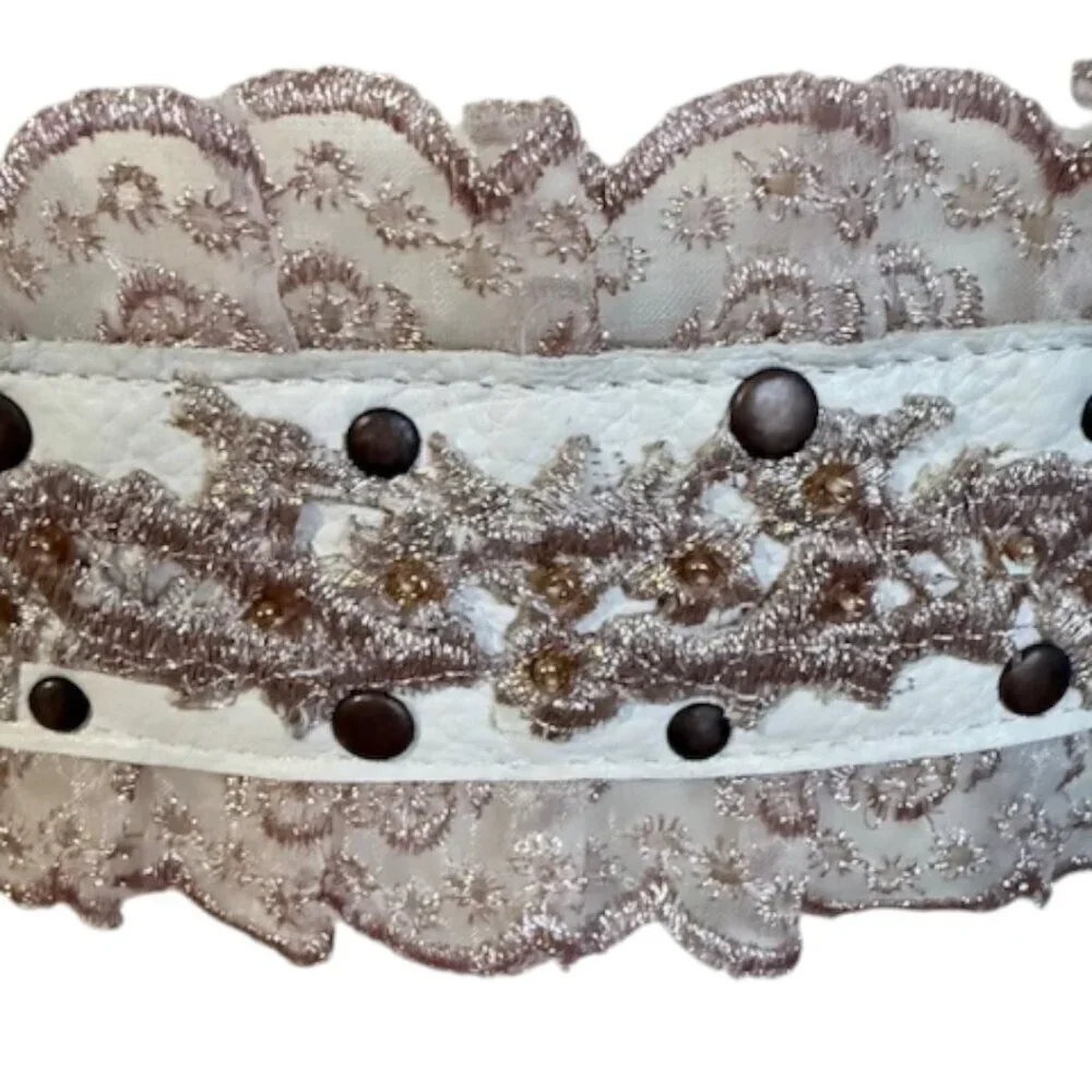 Betsey Johnson Leather Lace Embroidered White Pink Y2K Cottage Core Belt Medium